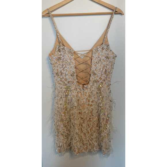 Vintage Y2K Dress 6 Nude Cocktail Party Sequin Beaded Feather Lace Up Back Mini - Picture 5 of 16